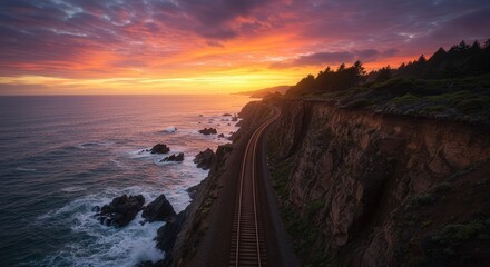Obraz premium Coastal Cliff Railway, Tracks Along Turquoise Ocean, Dramatic Seascape with Waves