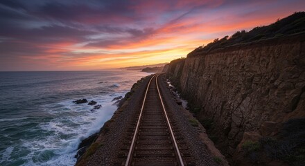 Coastal Cliff Railway, Tracks Along Turquoise Ocean, Dramatic Seascape with Waves
