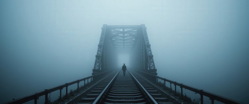 Mysterious Foggy Railway Bridge, Haunting Industrial Structure