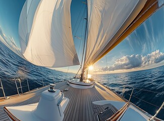 Beautiful sailboat deck with the hoisted sails and the sea in the background, fisheye photography, high-quality photo, high resolution, wide-angle lens, panoramic view, professional color grading, cle