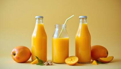 Fototapeta premium fresh mango juice in glass bottles on a smooth pale yellow background.