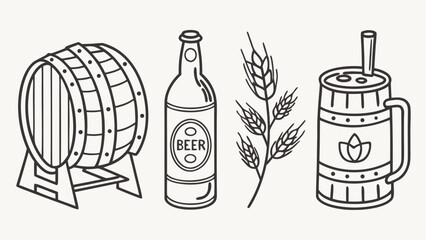 Monoline Icon Pack of Traditional Global Beer Vessels Featuring Beer Mugs, Steins, Tankards, Glasses, and Pints in Minimalist Black and White Vector Style

