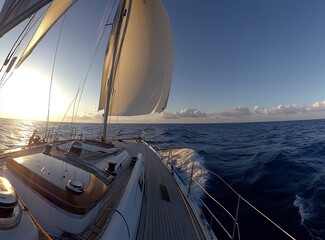 Beautiful sailboat deck with the hoisted sails and the sea in the background, fisheye photography, high-quality photo, high resolution, wide-angle lens, panoramic view, professional color grading, cle