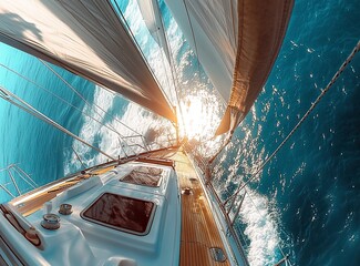 Beautiful sailboat deck with the hoisted sails and the sea in the background, fisheye photography, high-quality photo, high resolution, wide-angle lens, panoramic view, professional color grading, cle