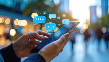 Hands holding phone with communication icons