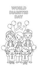 World diabetes day illustration featuring smiling doctors and children holding balloons and wearing awareness ribbons isolated on transparent background