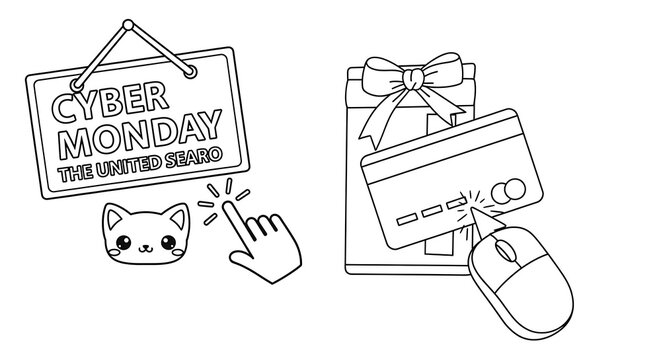 Cute kawaii cat and computer mouse clicking on credit card and gift for cyber monday shopping sale event isolated on transparent background