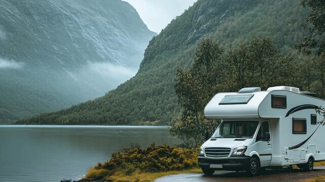 Behind a cozy campervan parked by a quiet lake, beautiful mountains rise up, embodying the spirit of a family vacation. The camera moves from the bottom up.