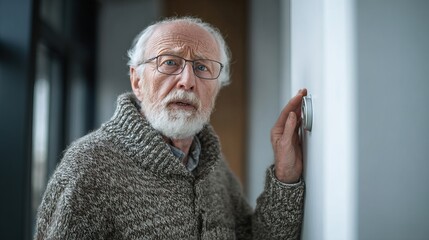 An elderly man with glasses and a gray beard looks concerned while adjusting a thermostat on a wall indoors.
