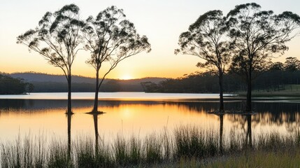 Fototapeta premium Silhouetted trees at sunrise over a calm lake.