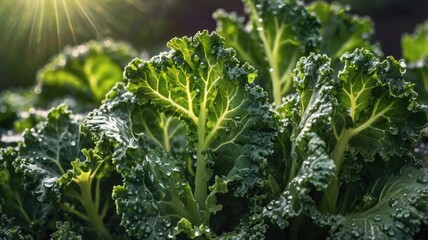 Fresh kale leaves glistening with morning dew under golden sunlight in a natural garden setting.