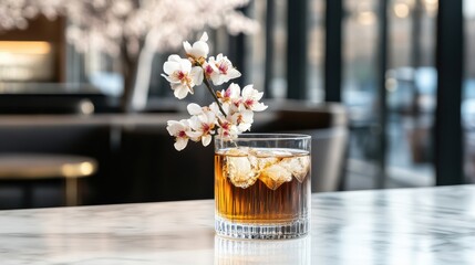 Elegant Glass of Whiskey with a Fresh Flower Creating a Unique Drink
