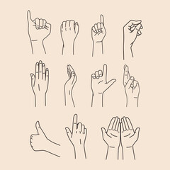 Hand Gesture Line Art Vector Set – Minimalist Outline Style Human Hands