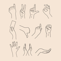 Fototapeta premium Hand Gesture Line Art Vector Set – Minimalist Outline Style Human Hands