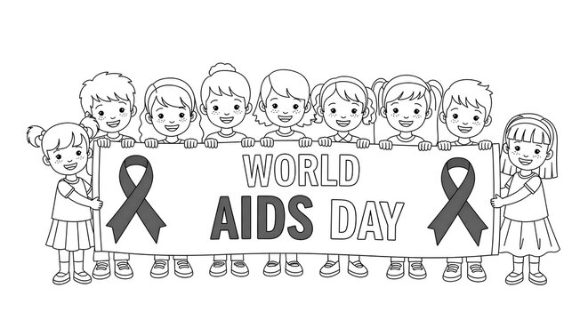 Diverse group of happy children holding a banner that says world aids day with red ribbons isolated on transparent background