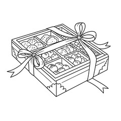 A detailed line drawing of a beautifully arranged gift box filled with assorted round candies and cookies tied with a decorative ribbon isolated on transparent background