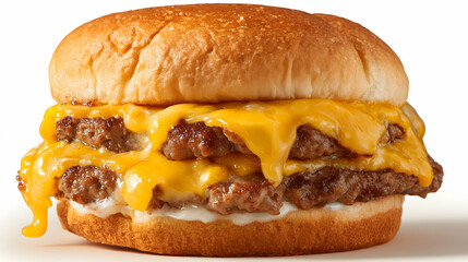 Double cheeseburger with two grilled beef patties, melted cheddar cheese, and soft bun, isolated on white background. Juicy, cheesy, and indulgent comfort food.
