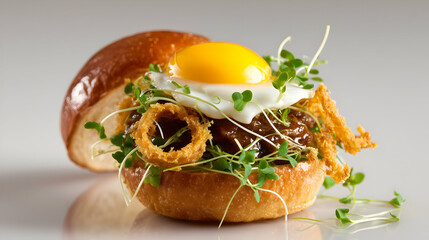 Open-faced burger topped with fried egg, crispy onion rings, and fresh microgreens on a soft bun. Gourmet presentation with rich textures and vibrant ingredients.