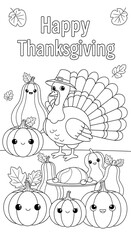 Cute kawaii thanksgiving turkey and pumpkins coloring page with autumn leaves isolated on transparent background