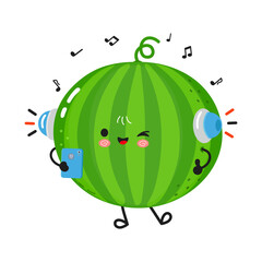 Cute cartoon watermelon enjoying music with headphones and a smartphone.