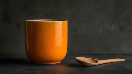 Orange ceramic cup with glossy surface placed beside a smooth wooden spoon on a dark textured background. Minimalist kitchenware scene with natural lighting.