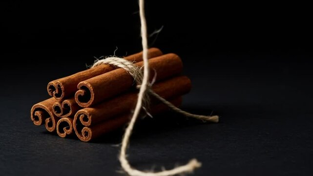 Cinnamon sticks tied with string on black