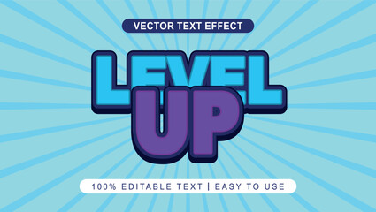 bold editable level up text effect in blue and purple color with sunburst background illustration	