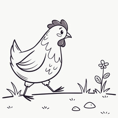 Obraz premium Simple Doodle Style Hen Walking in Grass near Flower