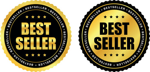 best seller badges in black and gold colors with star border for product quality and ranking	