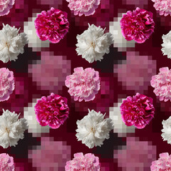 Seamless pattern with white, pink peony flowers on pink background. Floral collage with pixel...