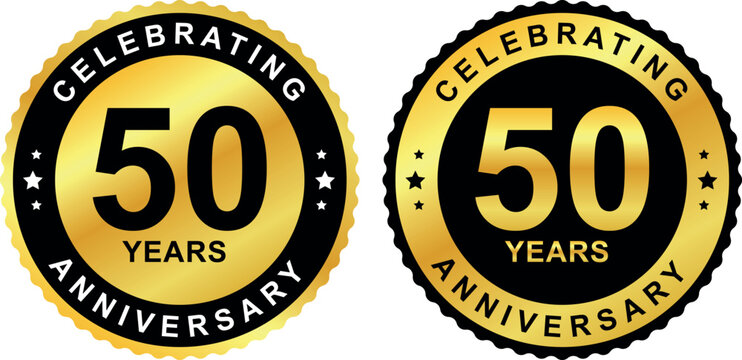golden anniversary badges showing 50 years celebration with black and gold theme on white background	