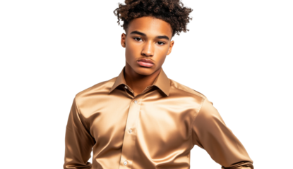 Young male is posing isolated wearing gold satin shirt on transparent background.