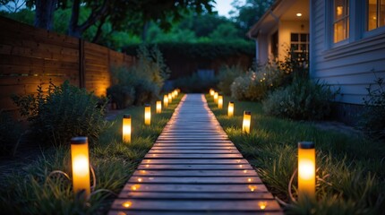Wooden Pathway Illuminated by Lanterns on Both Sides, Surrounded by Vegetation with a View of a Building with Bright Windows in the Evening