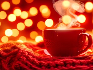Cozy Red Mug Hot Drink Steaming Warm Winter Lights