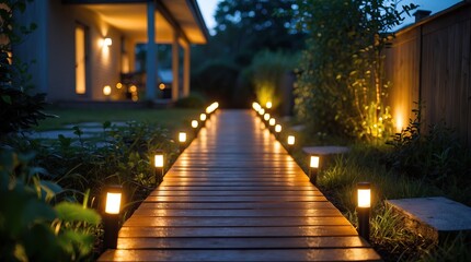 Wooden Pathway Illuminated by Lanterns on Both Sides, Surrounded by Vegetation with a View of a Building with Bright Windows in the Evening