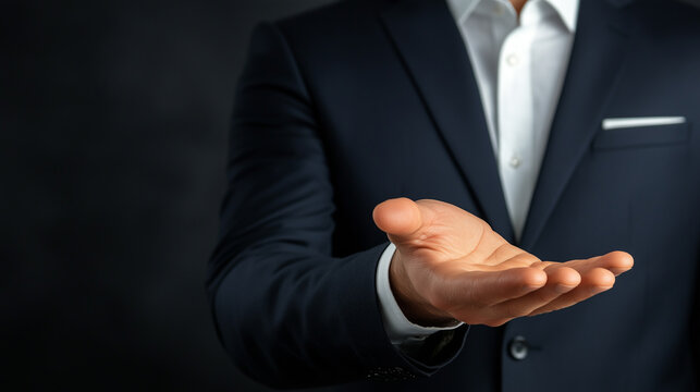 A businessman in a formal suit stands with both hands open in a welcoming or presentational gesture. Perfect for introductions, offerings, and open communication
