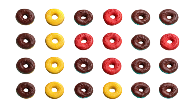 Assorted donuts background, chocolate, red, and yellow donuts, sweet treat food on transparent background