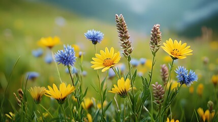 Close-Up of Wildflowers and Grass in a Natural Setting
