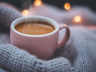 Warm Cozy Coffee in Pink Mug on Knit Sweater