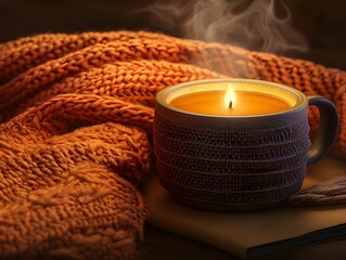 Cozy Autumn Scene with Burning Candle in Mug and Knitted Sweater
