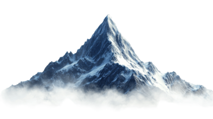 Snowy mountain peak is isolated on a transparent background with cloud effect.
