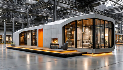 Obraz premium Modern Prefabricated Tiny House Featuring Glass Walls, Open Layout, Fireplace And LED Lighting