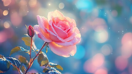 Close-Up Pink Garden Rose with Green Leaves and Blue Sky in Summe Abstract Rainbow Spectrum Background with Starry Swirls (Aerial View)