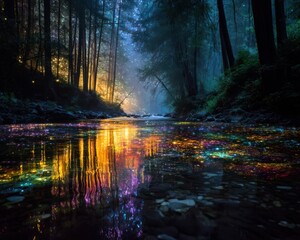 Fototapeta premium Enchanted Forest River with Colorful Glowing Lights at Night