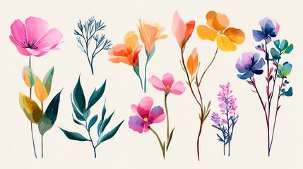 Collection of spring colorful flower elements vector. Set floral of wildflower Colorful watercolor floral arrangements.