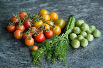 Fresh Organic Tomatoes, Cucumber, Dill, and Green Vegetables on Dark Surface