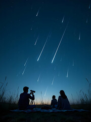 Starry Night Wonders: A family gazes in awe at a celestial show as meteors streak across the night sky, viewed through a telescope, creating a moment of togetherness under the stars.