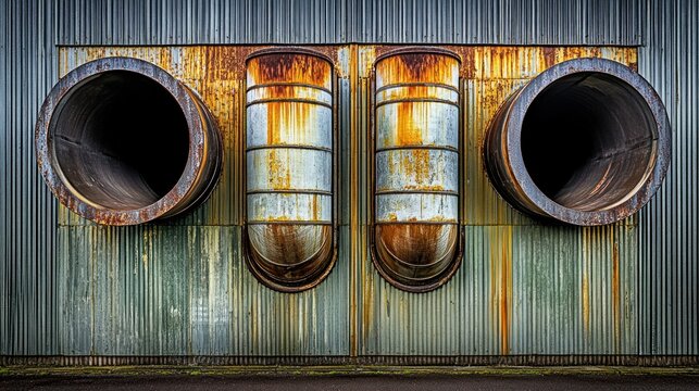 Corroded metal vents on a corrugated metal wall.