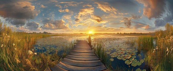 Beautiful summer landscape with a wooden jetty on the lake at sunset, a panorama of lily pads and reeds in the foreground, a wooden boat near the pier, a stunning sky with dramatic clouds over the for