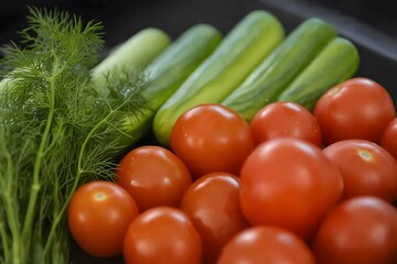 Fresh Tomatoes Cucumbers Dill Herbs Vibrant Healthy Food Still Life